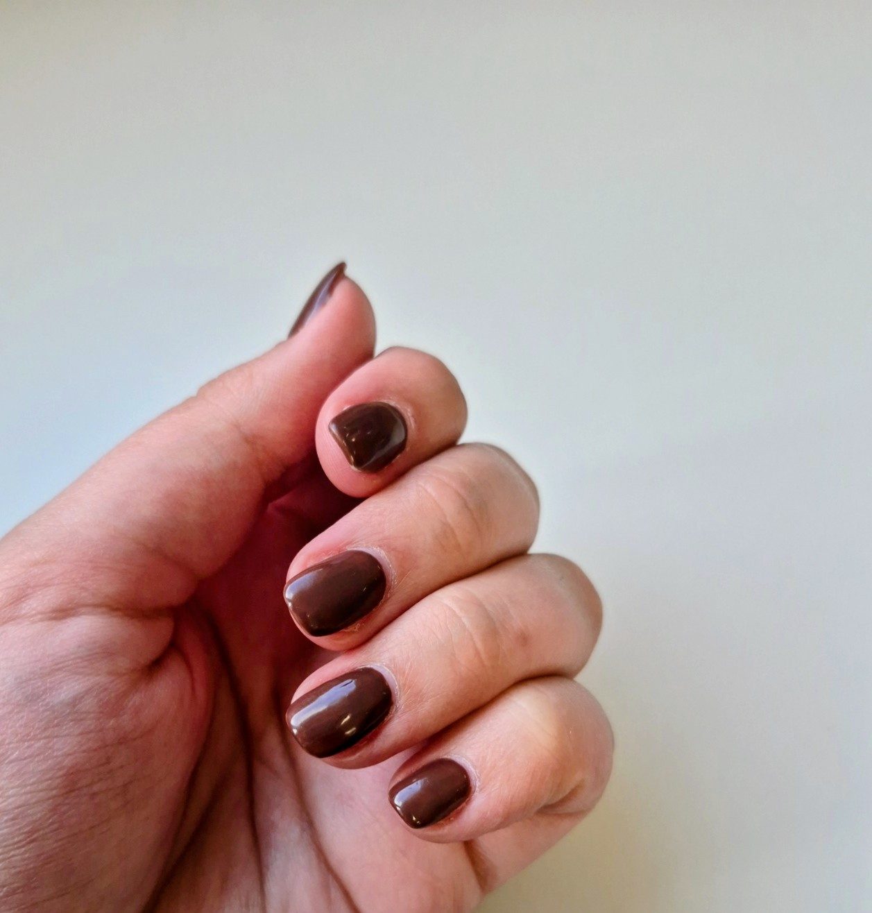 Korte nagels in een diepe chocoladebruine kleur